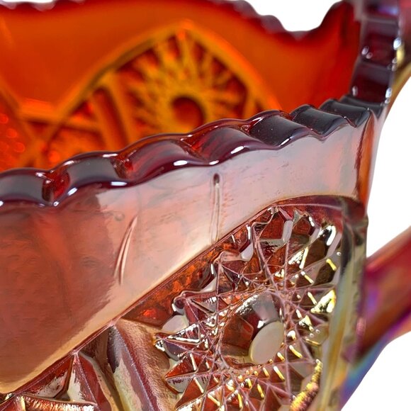 Red Iridescent Carnival Glass Creamer Daisy & Button Pattern Scalloped Rim VTG - Picture 8 of 8